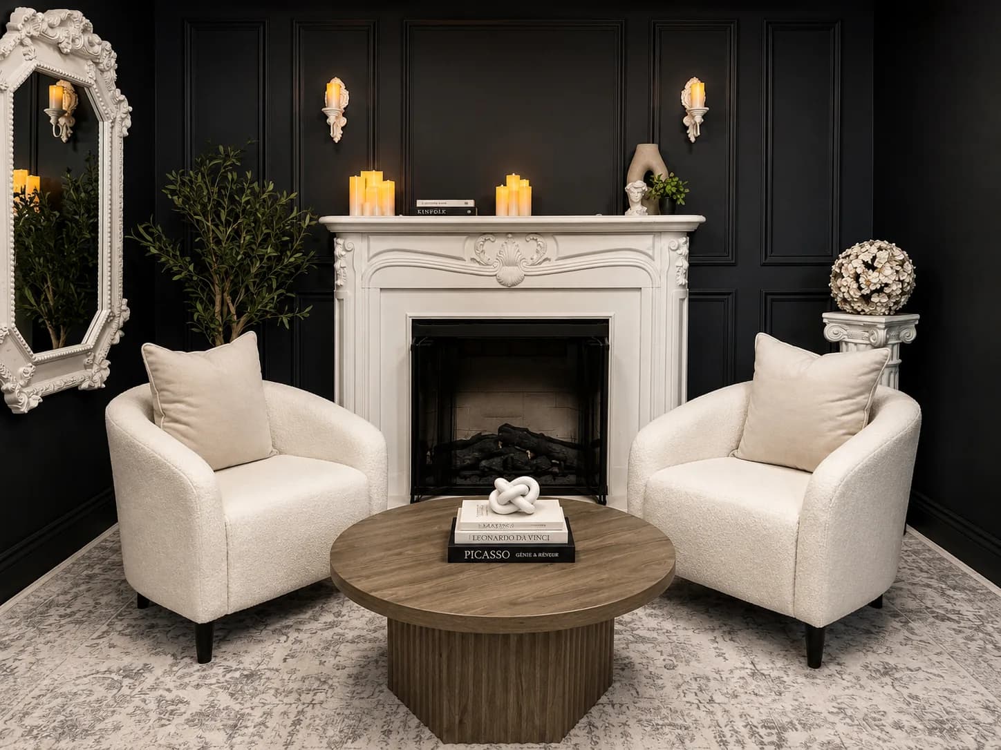 The Victorian: cream armchairs in front of a white fireplace with candles