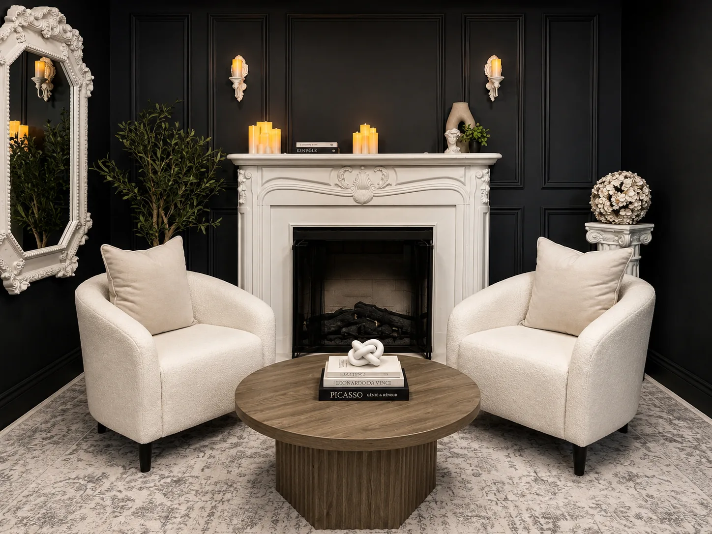 Fireplace Set setup in The Victorian, with two cream bouclé armchairs and a white carved fireplace